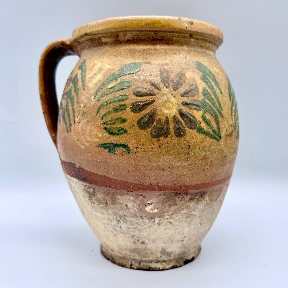 Southeastern PA Antique Folk Art Redware Pitcher Jar Hand Painted Floral Pottery